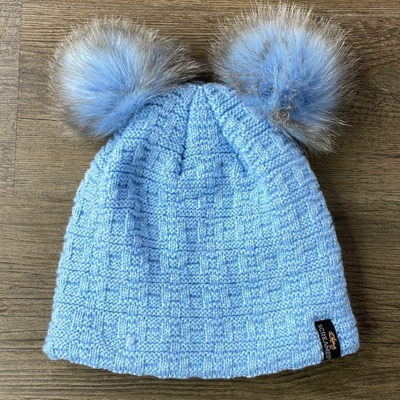Screamer Light Blue Fleece Lined Knit Hat with PomPoms, Youth - Picture 1 of 7